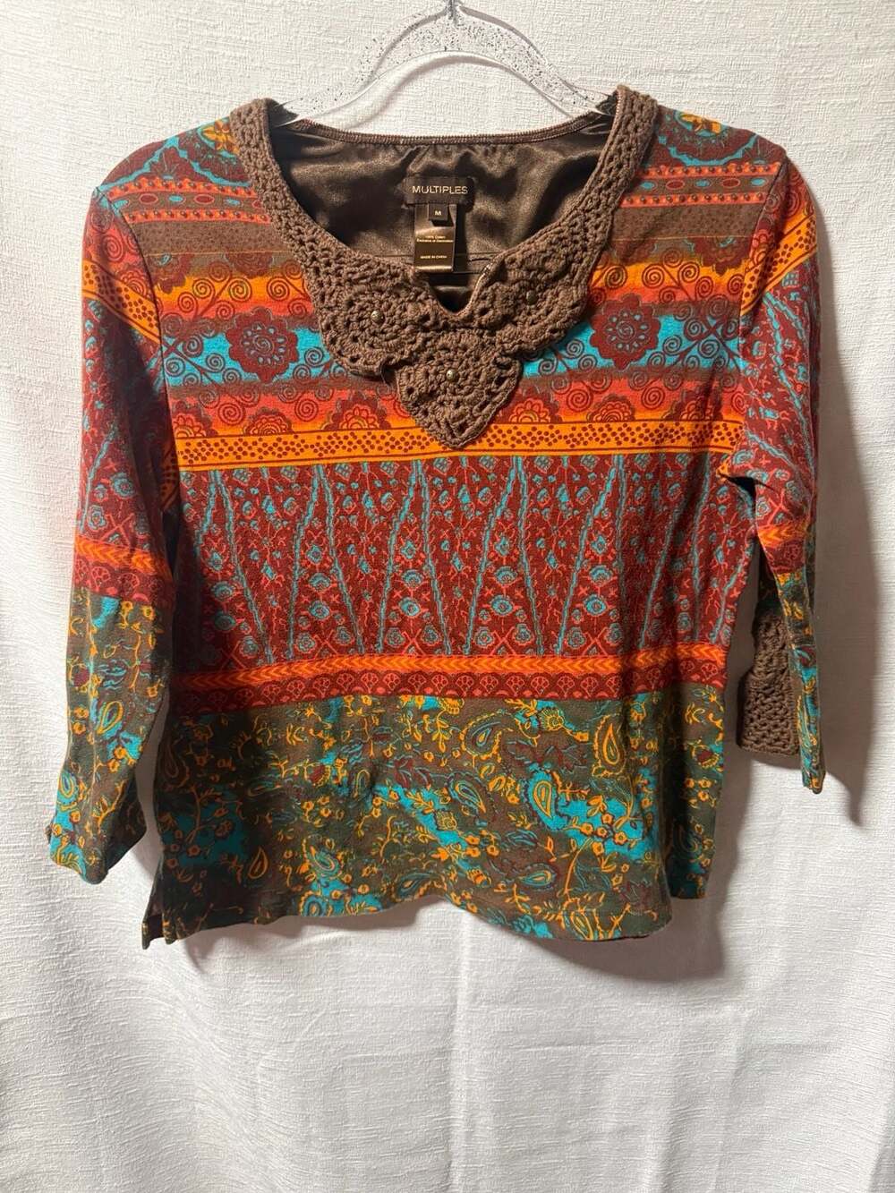 Multiples Women's Bohemian Patterned 3/4 Sleeve Top Crochet Collar Stud Details